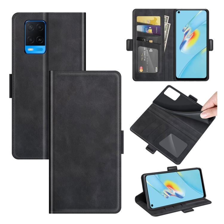 Black leather flip phone case with card slots and magnetic buckle, open view
