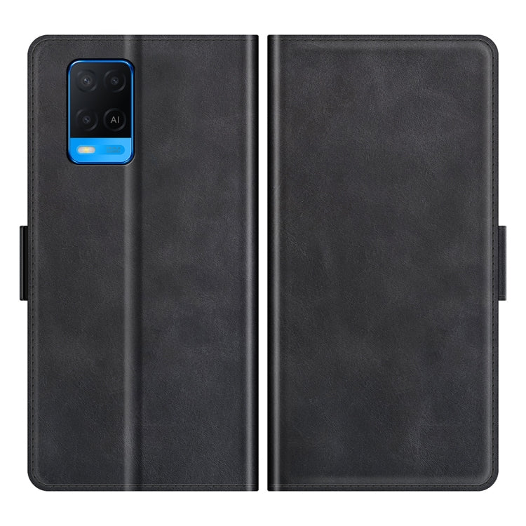 Black leather flip phone case with magnetic side tabs, front and back shown