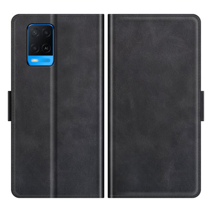 Black leather flip phone case with magnetic side tabs, front and back shown