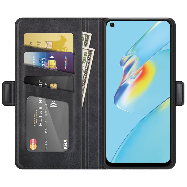 Black leather flip phone case with card slots, phone displayed in open wallet cover