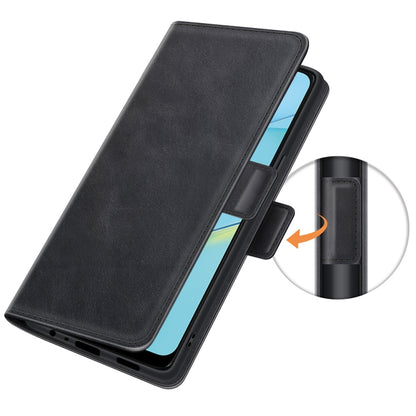 Black leather flip phone case with magnetic buckle closure, side view