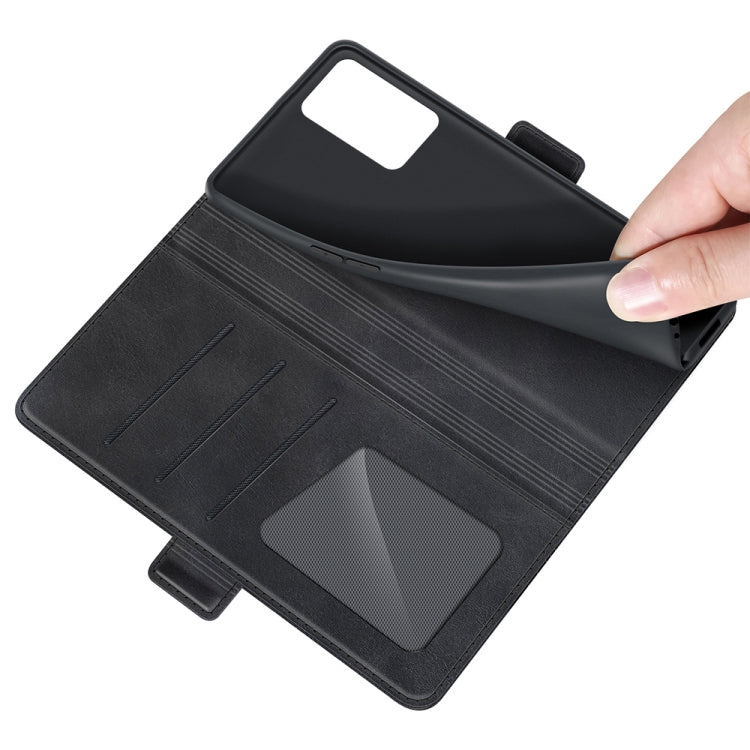Black leather flip phone case interior with card slots and textured pocket panel