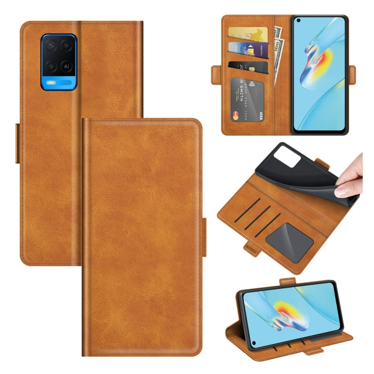 Brown leather flip phone case with card slots and magnetic buckle, open and closed