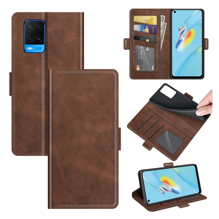Brown leather flip phone case with card slots and magnetic buckle, phone and wallet layout