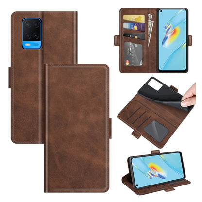 Brown leather flip phone case with card slots and magnetic buckle, phone and wallet layout