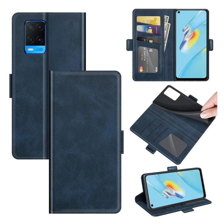 Dark blue leather flip phone case with card slots and magnetic buckle, open and closed