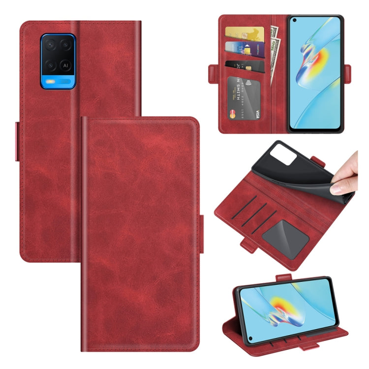 Red leather flip phone case with card slots and magnetic buckle, open and closed