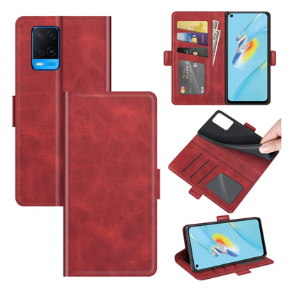 Red leather flip phone case with card slots and magnetic buckle, open and closed
