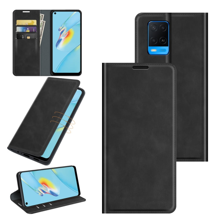 Black leather wallet phone case with magnetic closure, card slots, and built-in stand