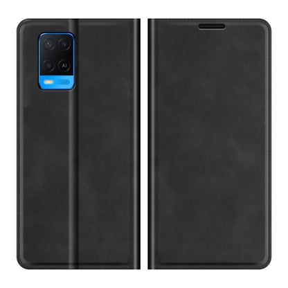 Black leather phone wallet case with magnetic closure and card slot openings