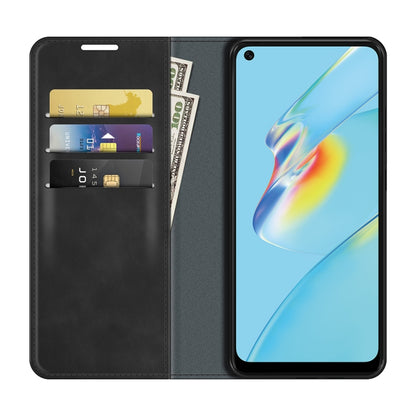 Grey leather wallet phone case with card slots and magnetic closure, folding stand