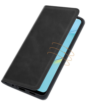 Black leather wallet phone case with magnetic closure and side cutouts