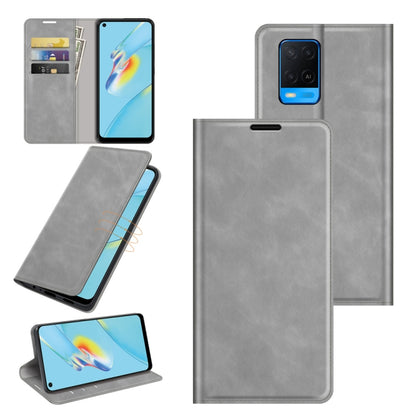 Grey leather wallet phone case with magnetic closure, card slots, and stand