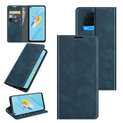 Dark blue leather wallet phone case with magnetic closure, card slots, and stand