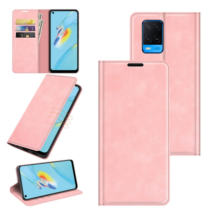 Pink leather wallet phone case with magnetic closure, card slots, and stand