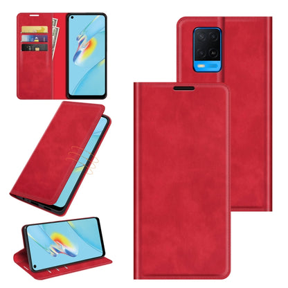 Red leather wallet phone case with magnetic closure, card slots, and stand