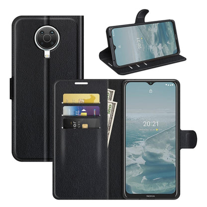 Black litchi-texture flip phone case with card slots and stand for Nokia phone