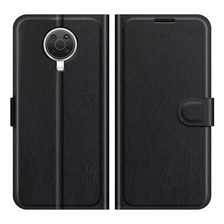 Black litchi-texture flip phone case with magnetic strap and card holder for Nokia phone