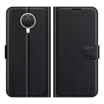 Black litchi-texture flip phone case with magnetic strap and card holder for Nokia phone