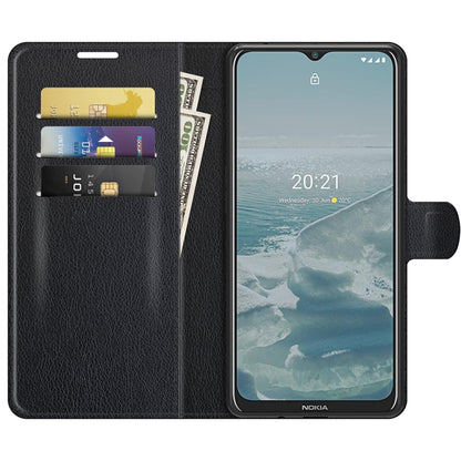 Black flip phone wallet case with card slots and window view stand for Nokia phone