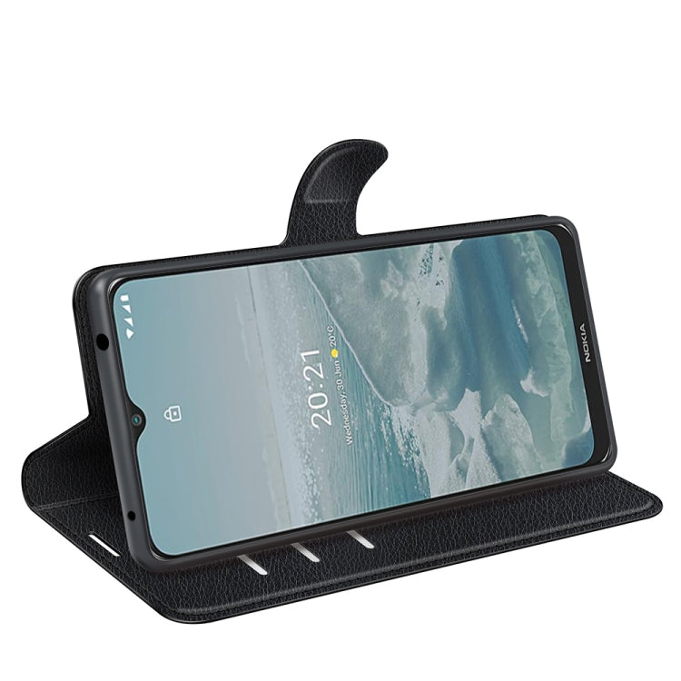 Black litchi-texture flip case with stand flap for horizontal viewing on Nokia phone