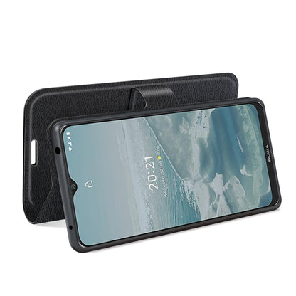 Black litchi-texture flip phone case with card slots and raised side button openings