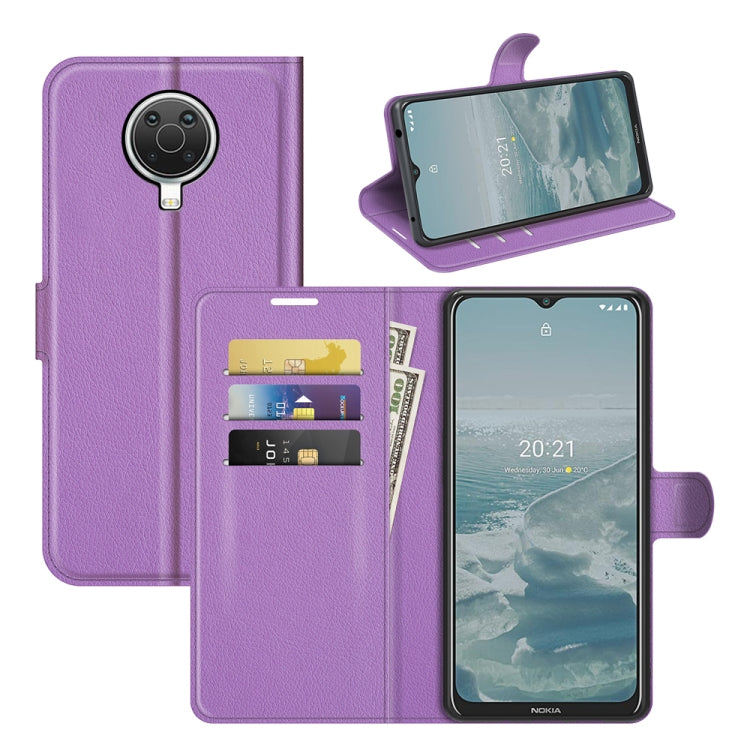 Purple litchi-texture flip phone wallet case with card slots and stand for Nokia phone