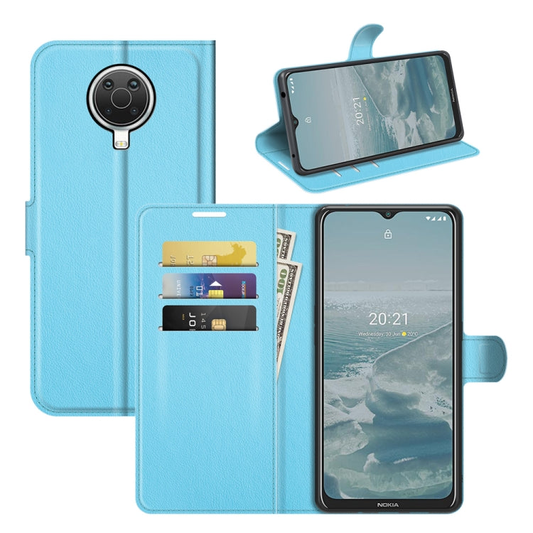 Light blue flip wallet phone case with card slots and stand