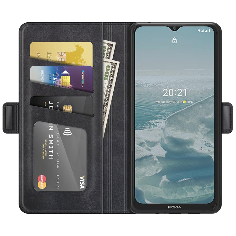 Black leather wallet-style flip phone case with card holders and inner slots