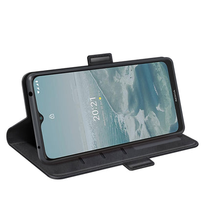 Black flip leather phone case with built-in stand for landscape viewing