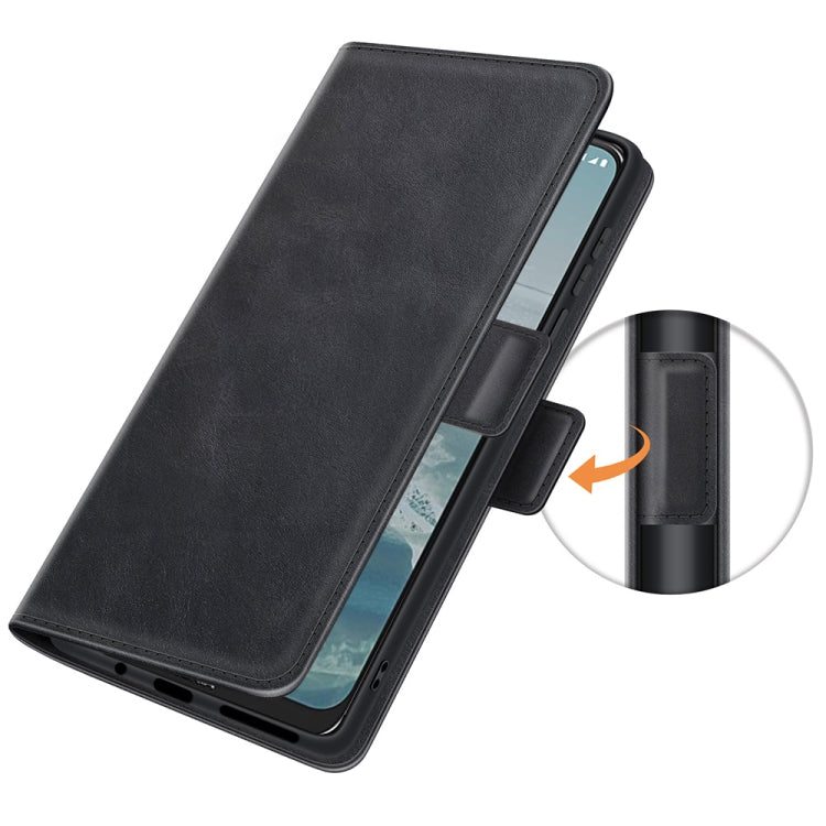 Black leather flip phone case with magnetic buckle closure detail