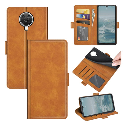 Brown flip leather phone case with card slots and magnetic closure