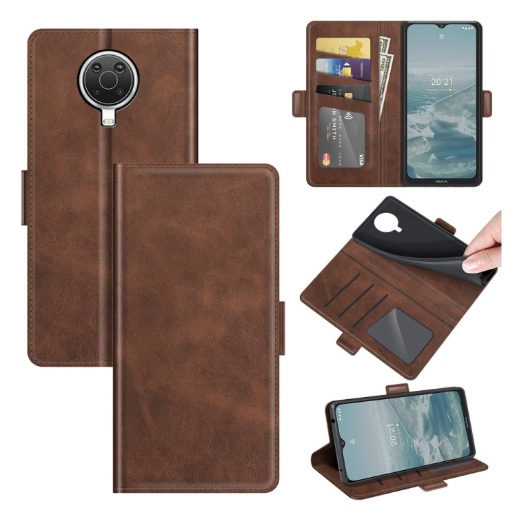 Brown leather wallet-style flip phone case with camera cutout and card slots