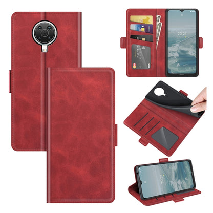 Red flip leather phone case with card slots and magnetic closure