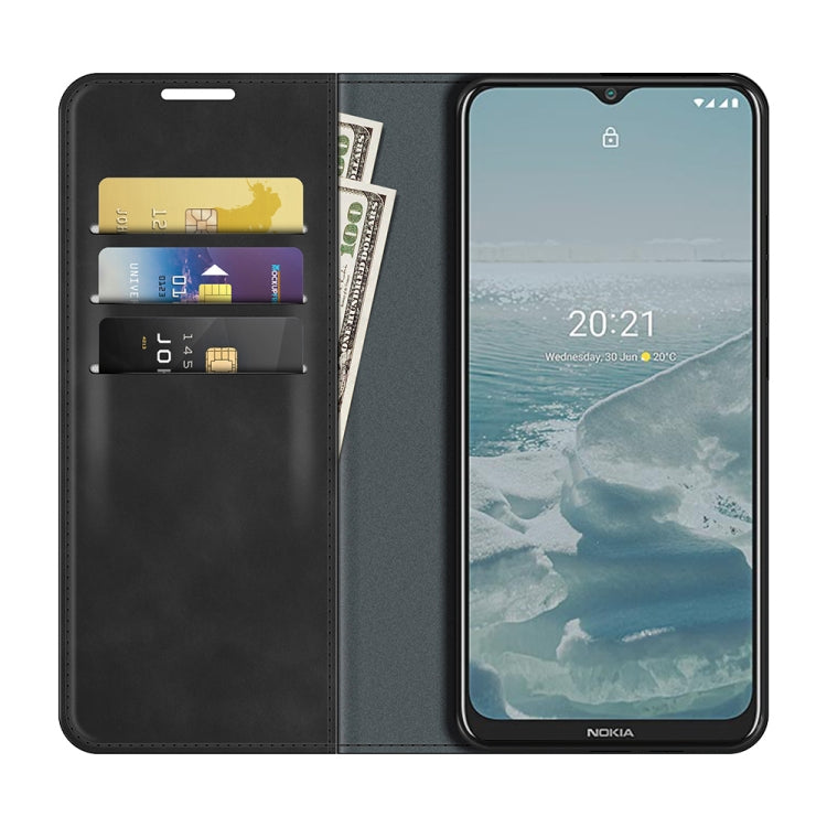 Dark leather magnetic suction phone case with card slots and holder for Nokia G10/G20