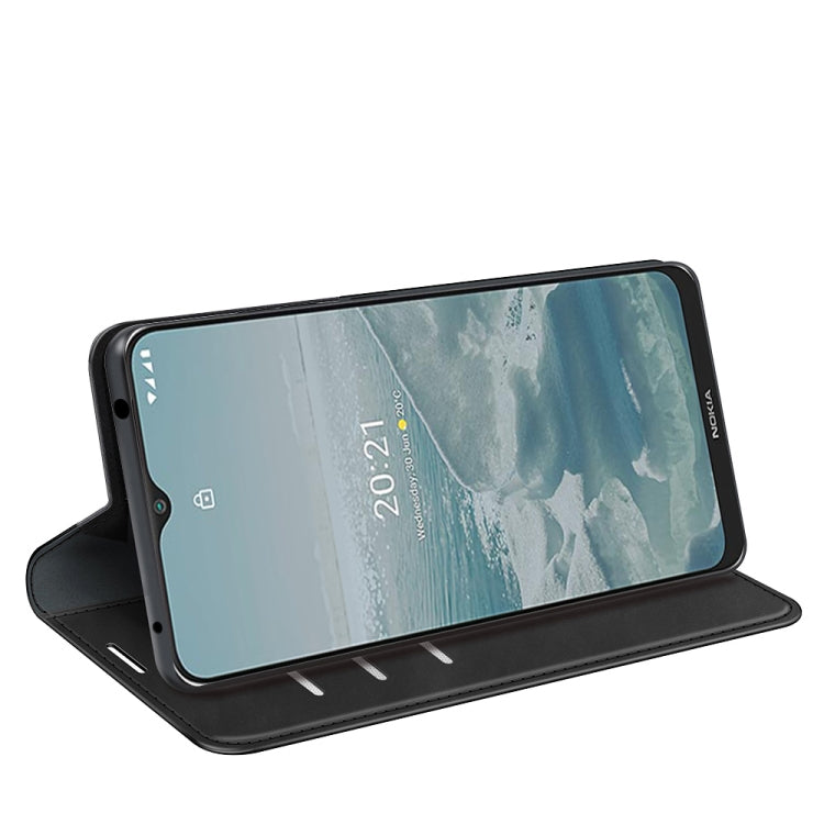 Dark leather magnetic suction folio case with kickstand, holder, and phone cutouts