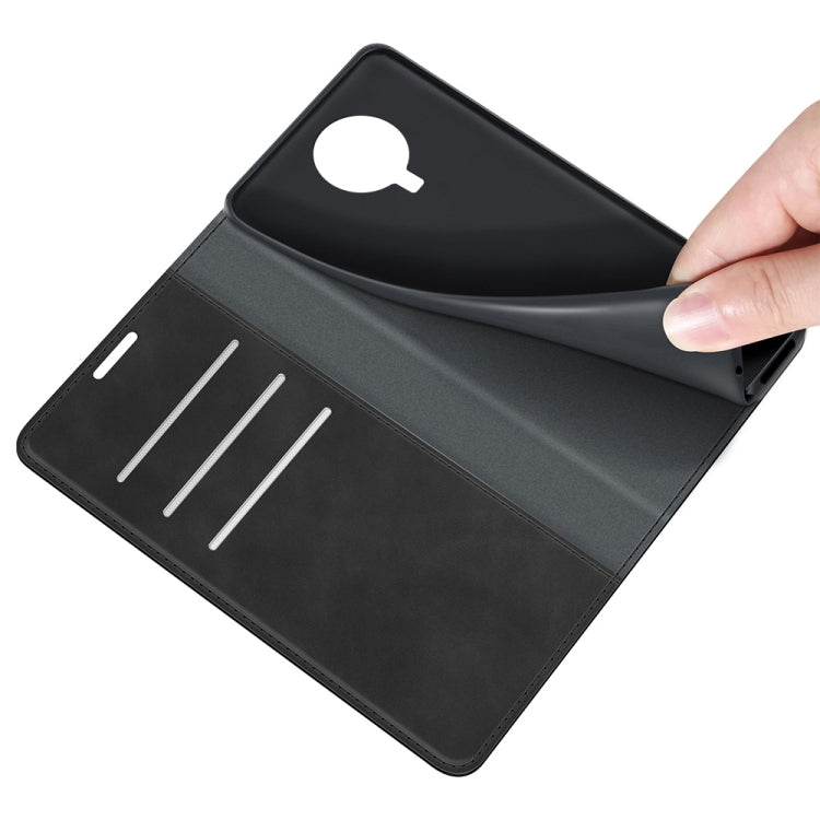 Black leather magnetic suction wallet case with card slot panel and camera-cutout phone