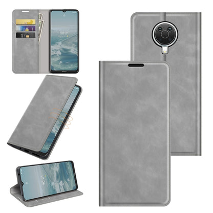 Grey leather magnetic suction phone case with stand and card slots for Nokia G10/G20
