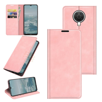 Pink leather magnetic suction phone case with stand and card slots for Nokia G10/G20