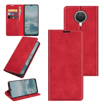 Red leather magnetic suction phone case with stand and card slots for Nokia G10/G20