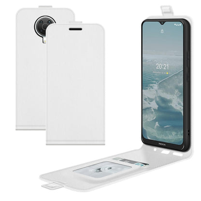 White leather vertical flip phone case with card slots and photo window for Nokia G10/G20