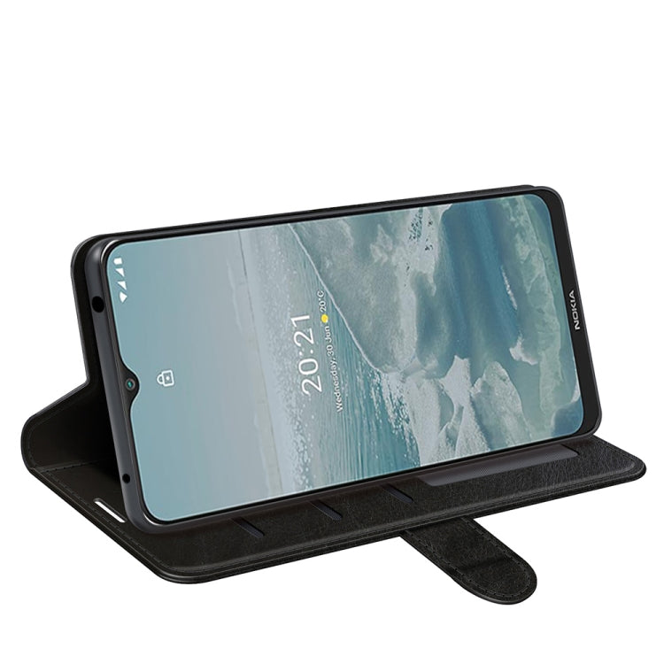 Black textured flip case opened, phone propped up for Nokia G10/G20