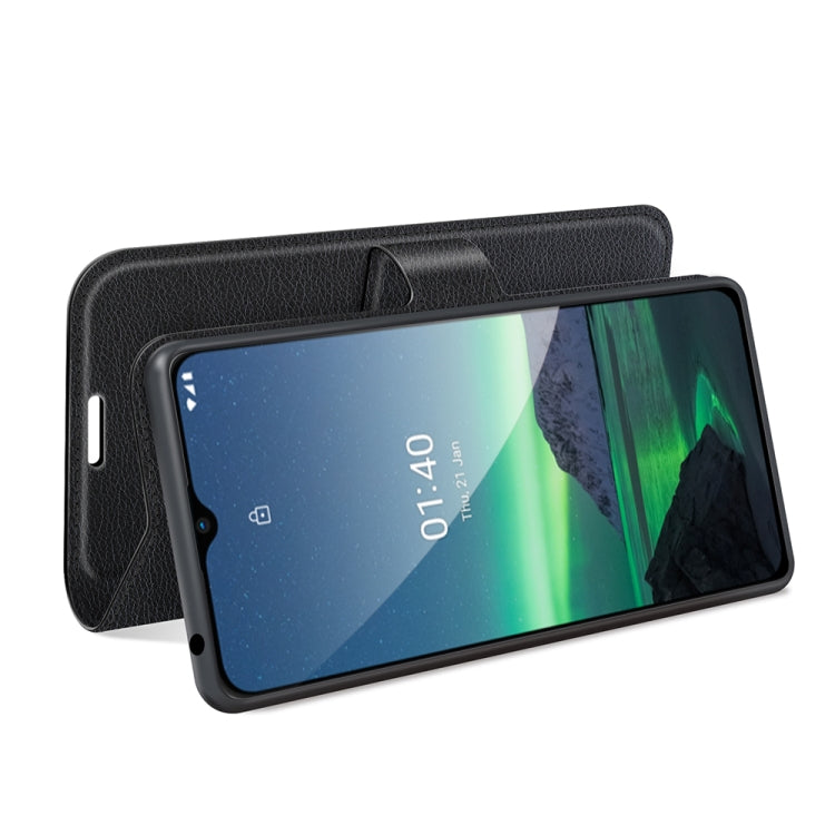 Black textured flip case with stand function and camera cutout for Nokia 1.4