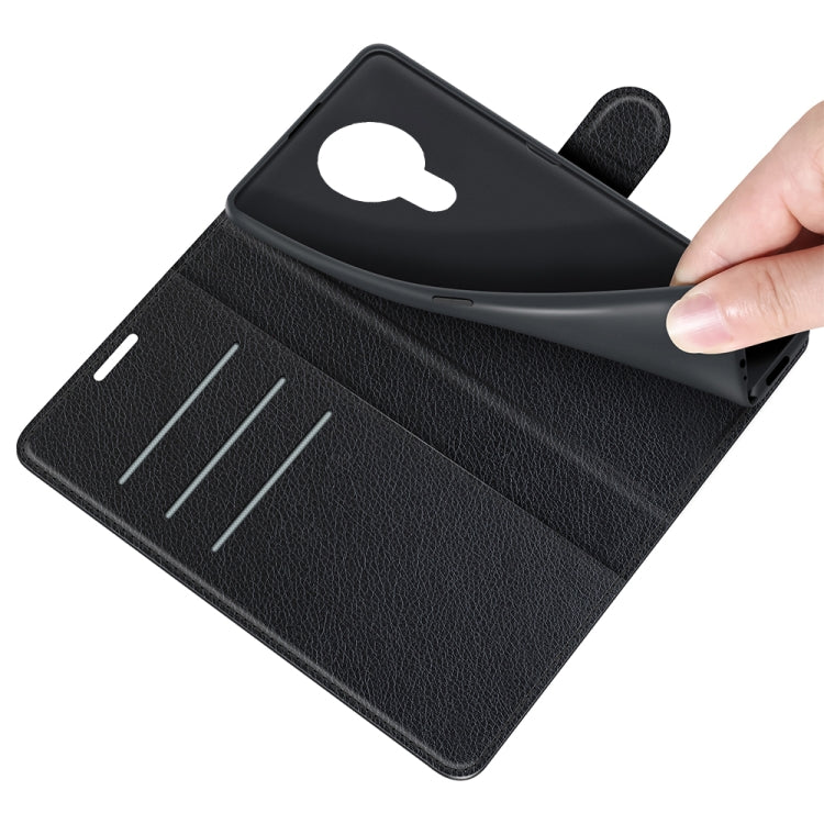 Black flip case opened to show card slots and phone camera opening for Nokia 1.4