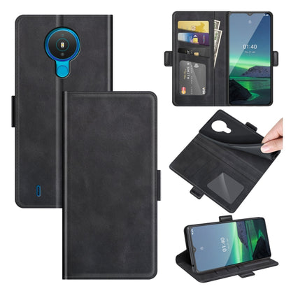 Black flip leather phone case with magnetic buckle, card slots, and wallet-style cover.