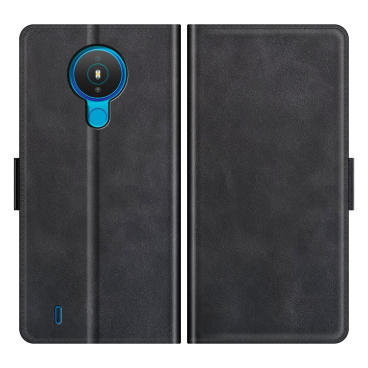 Black flip phone case showing front and back with camera cutout and side holder.
