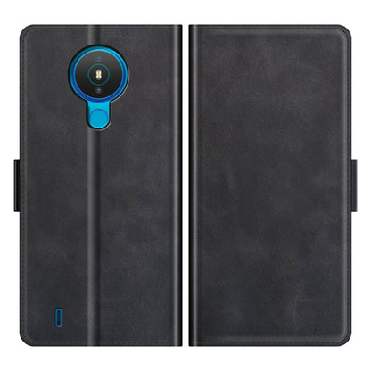 Black flip phone case showing front and back with camera cutout and side holder.
