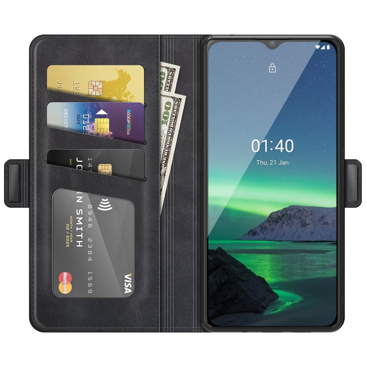 Black wallet flip case interior with card slots and phone window for Nokia 1.4.