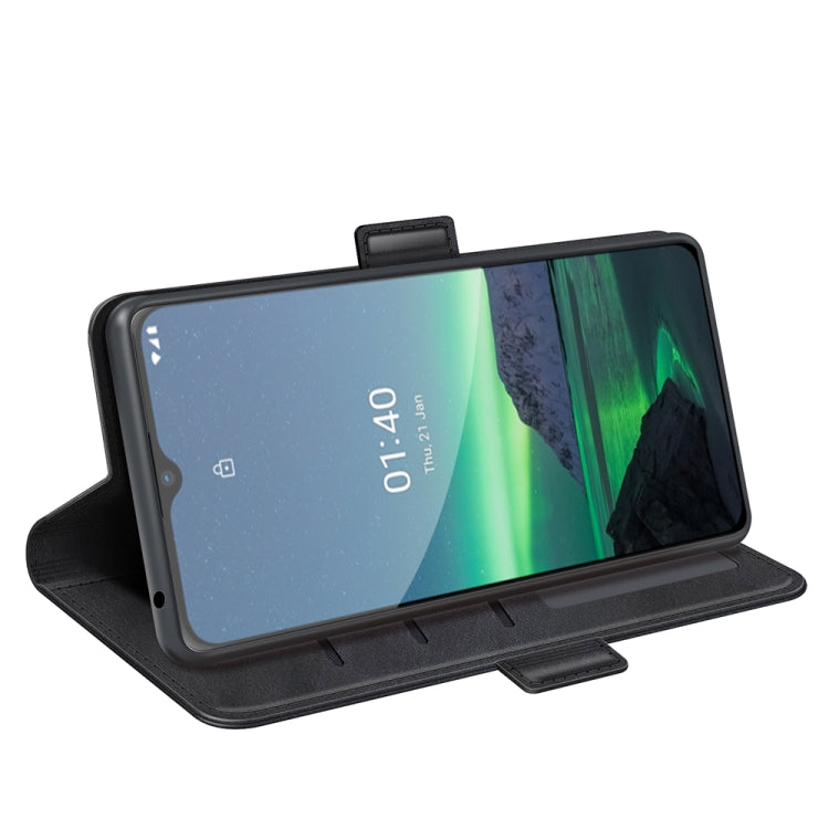 Black flip leather case folded into a horizontal viewing stand for phone display.