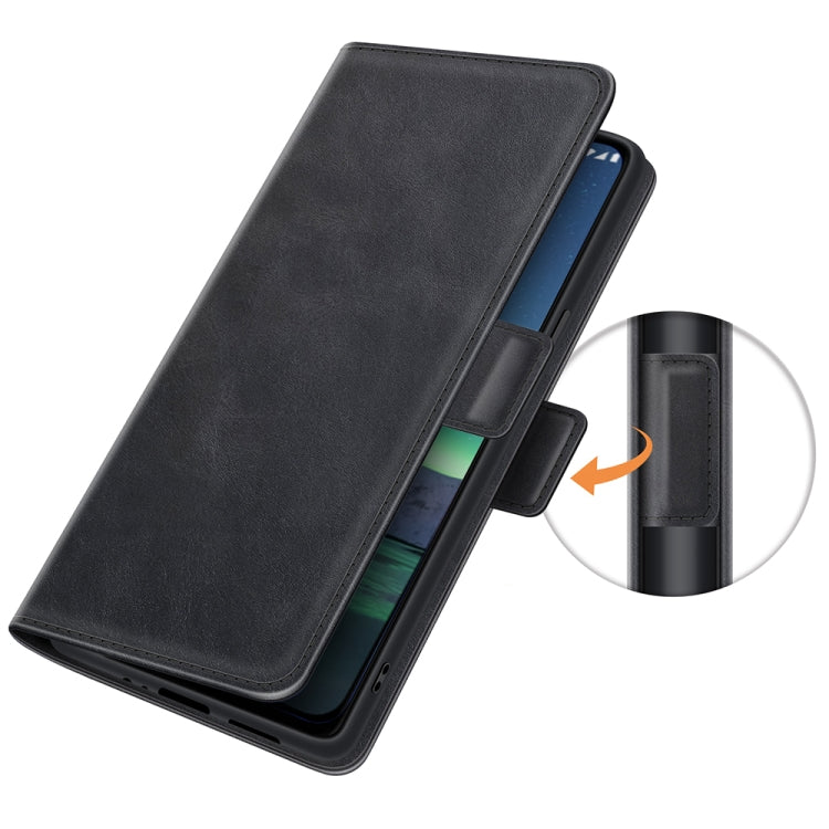Black magnetic buckle folio case with side clasp detail for secure phone closure.